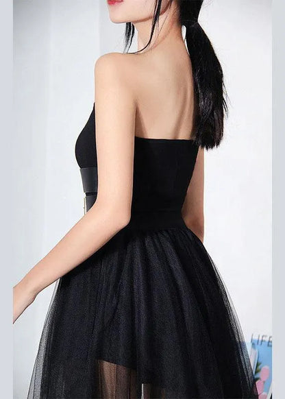 Black Breast Wrapping + Tulle Asymmetrical Design Skirt Two Piece Set