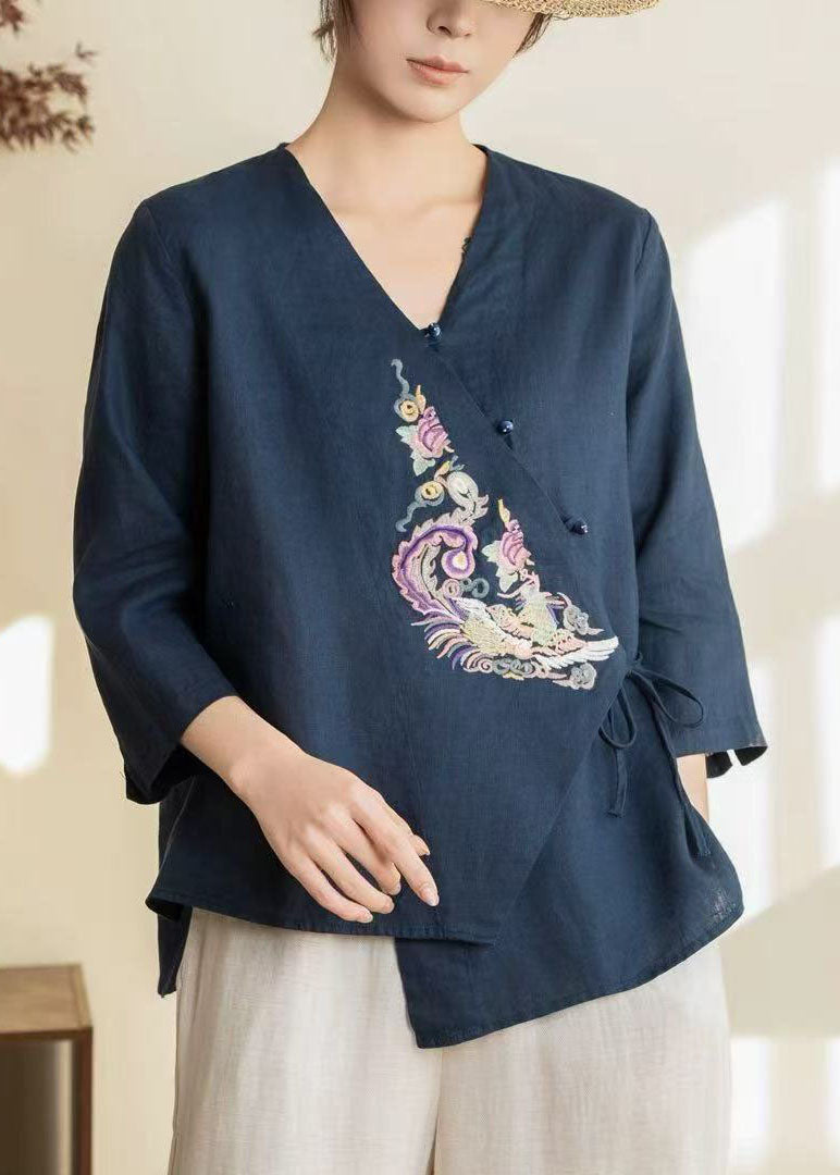 Navy Embroidered Tie Waist Linen Shirts Spring