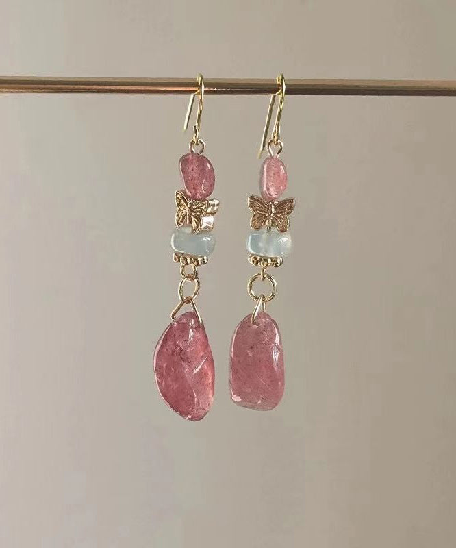 Pink Sterling Silver Overgild Crystal Butterfly Drop Earrings