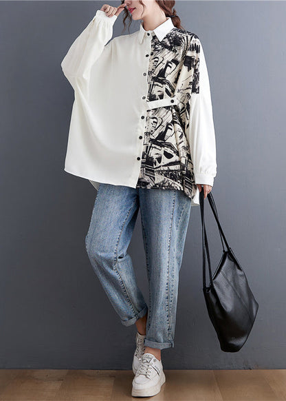 Italian White Peter Pan Collar Button Asymmetrical Design Print Shirt Top Batwing Sleeve
