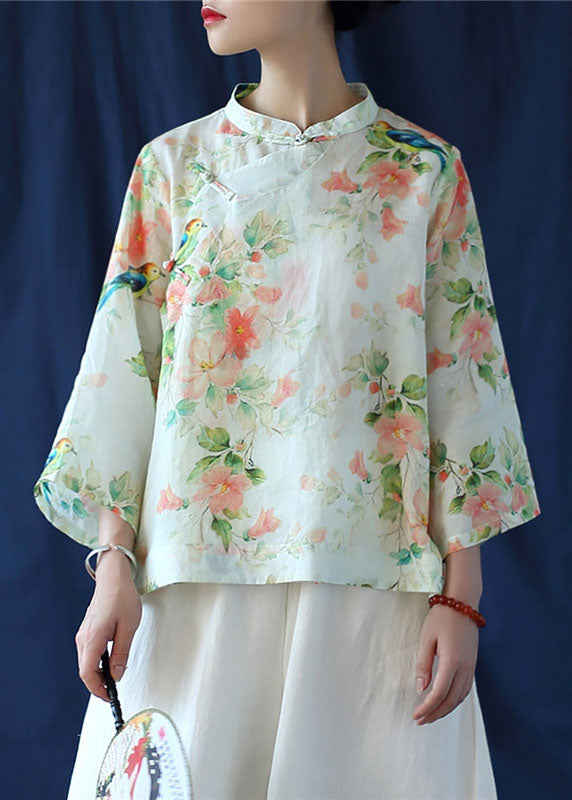 Beige Linen Shirt Top Stand Collar Low High Design Three Quarter Sleeve