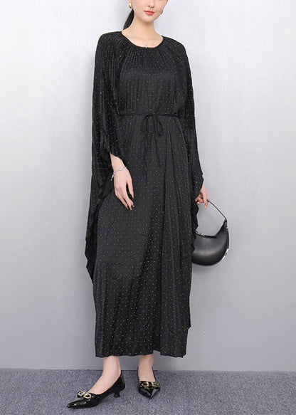 Black Oversized Cotton Pleated Dress Batwing Sleeve