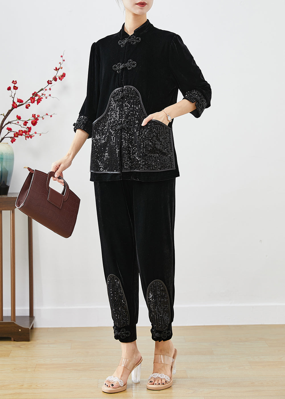 Black Sequins Patchwork Chinese Button Silk Velour Two Pieces Set Fall