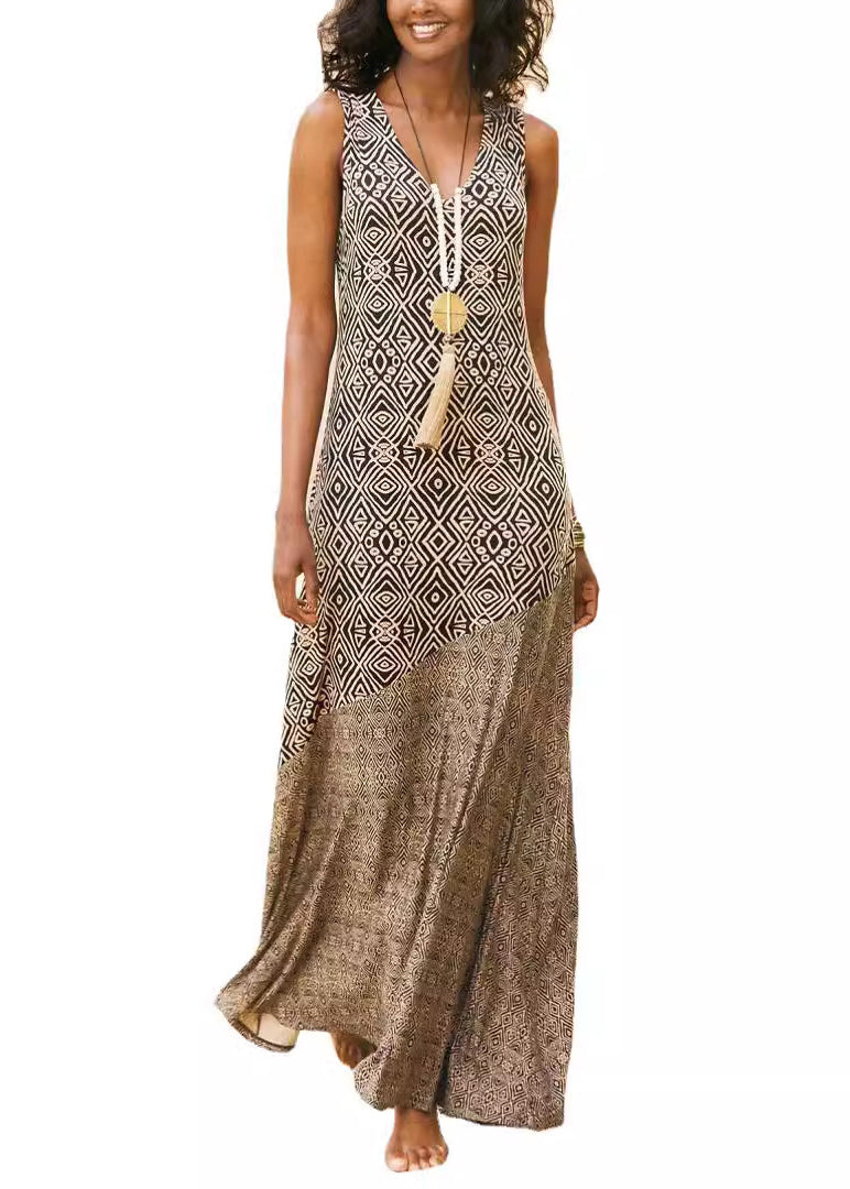 French Khaki V Neck Print Patchwork Cotton Maxi Dresses Sleeveless Summer