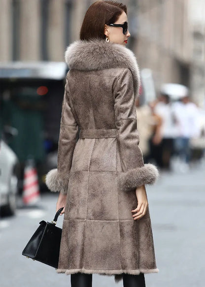 Khaki Fox Collar Cinched Fuzzy Rabbit Leather and Fur Coats Winter