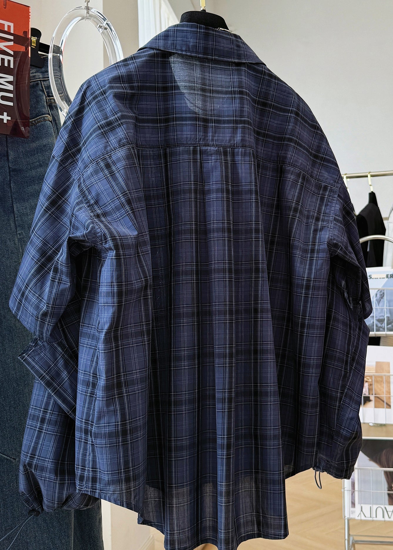 Navy Peter Pan Collar Plaid Drawstring Cotton Shirt Top Fall