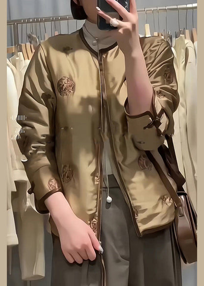 Coffee Embroideried Fine Cotton Filled Winter Coats