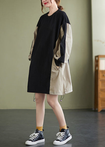 Colorblock Patchwork Drawstring Sweatshirt Dress Long Sleeve