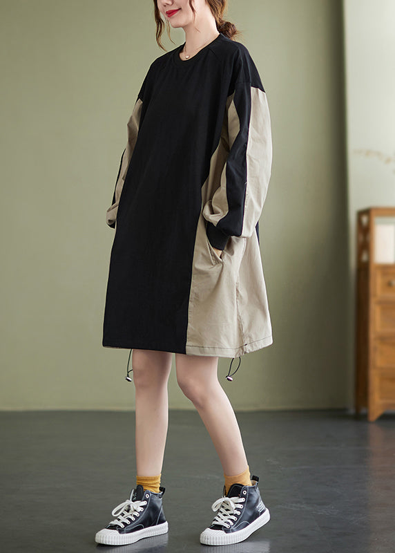 Colorblock Patchwork Drawstring Sweatshirt Dress Long Sleeve