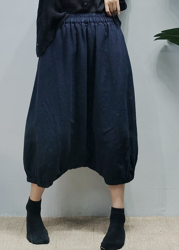 Navy Elastic Waist Linen Harem Pants Spring