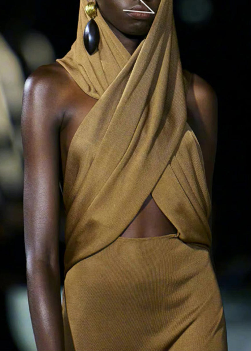 Organic Yellow Wrinkled Hollow Out Backless Hoode Long Dress Sleeveless Summer