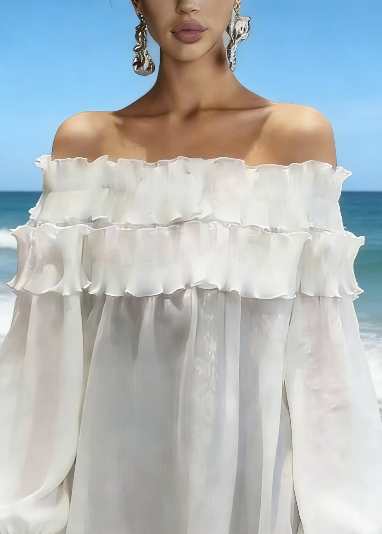 New White Slash Neck Ruffled Chiffon Shirts Spring