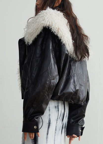 Black Fur Collar Patchwork Detachable Pu Jacket Winter