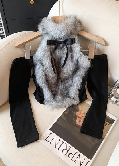 Style Blue Fur Patchwork Long Sleeved Top