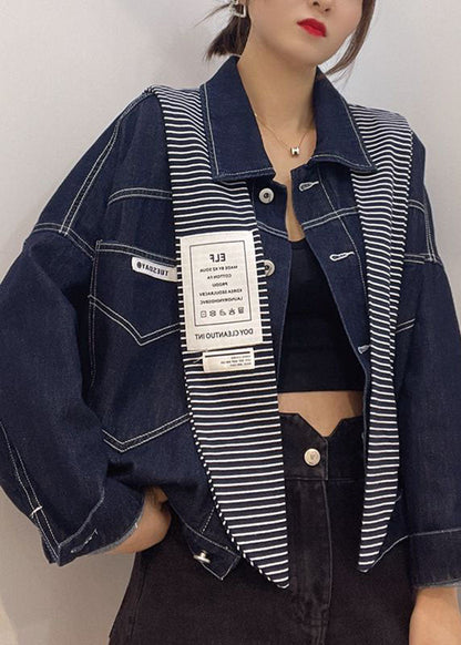 Navy Pockets Button Patchwork Fall Long Sleeve Denim Coat