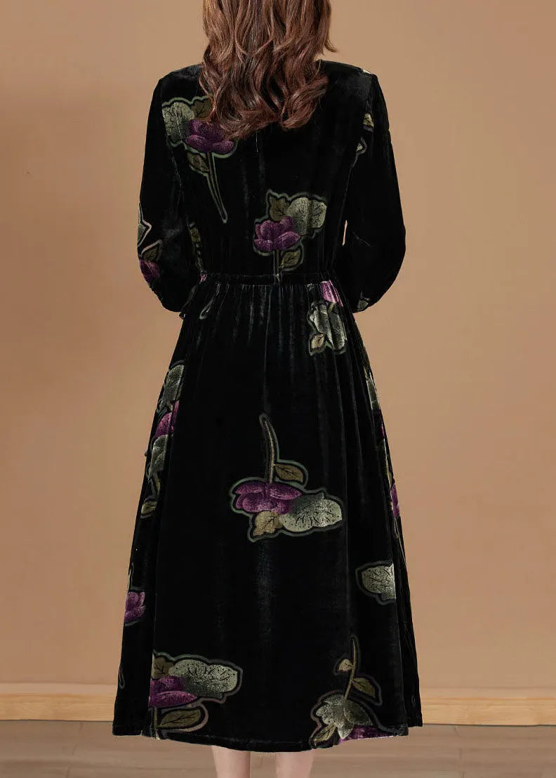 Black O-neck Print Velour Party Dress Bracelet Sleeve
