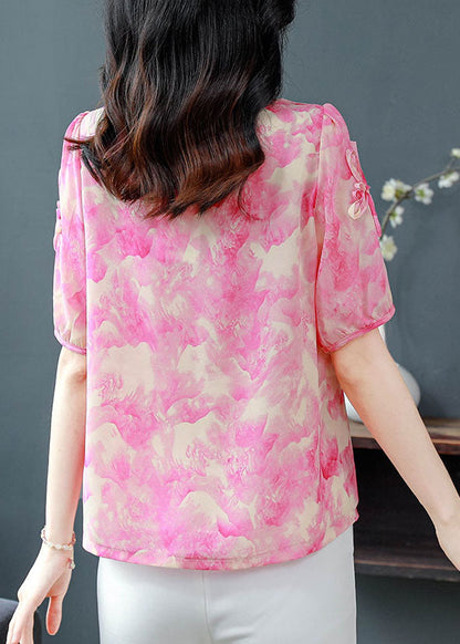 Rose O Neck Print Chiffon Blouses Summer