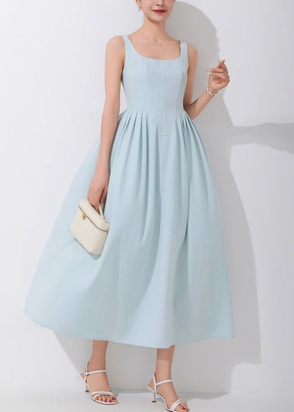 Blue Square Collar High Waist Spaghetti Strap Dress Sleeveless