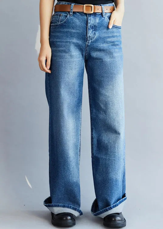 Blue High Waist Denim Pants Spring