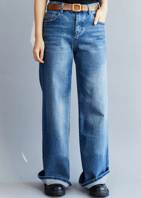 Blue High Waist Denim Pants Spring