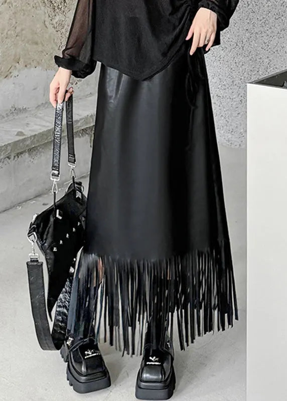 Original Design Black Pockets Patchwork Tassel Faux Leather Maxi Skirts Fall