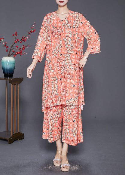 Orange V Neck Pring Cotton Two Piece Suit Set Fall