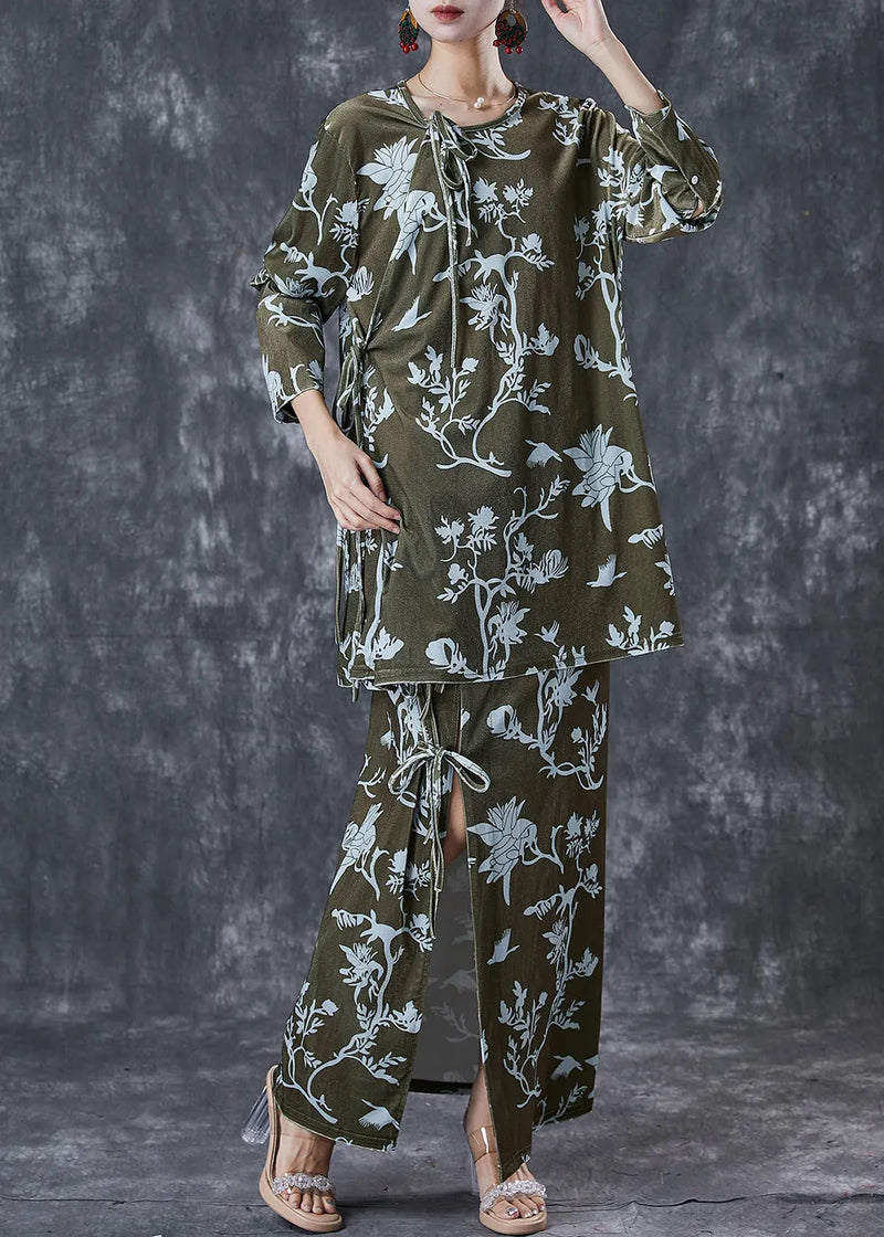Green Print Lace Up Side Open Silk Velour Two Pieces Set Spring