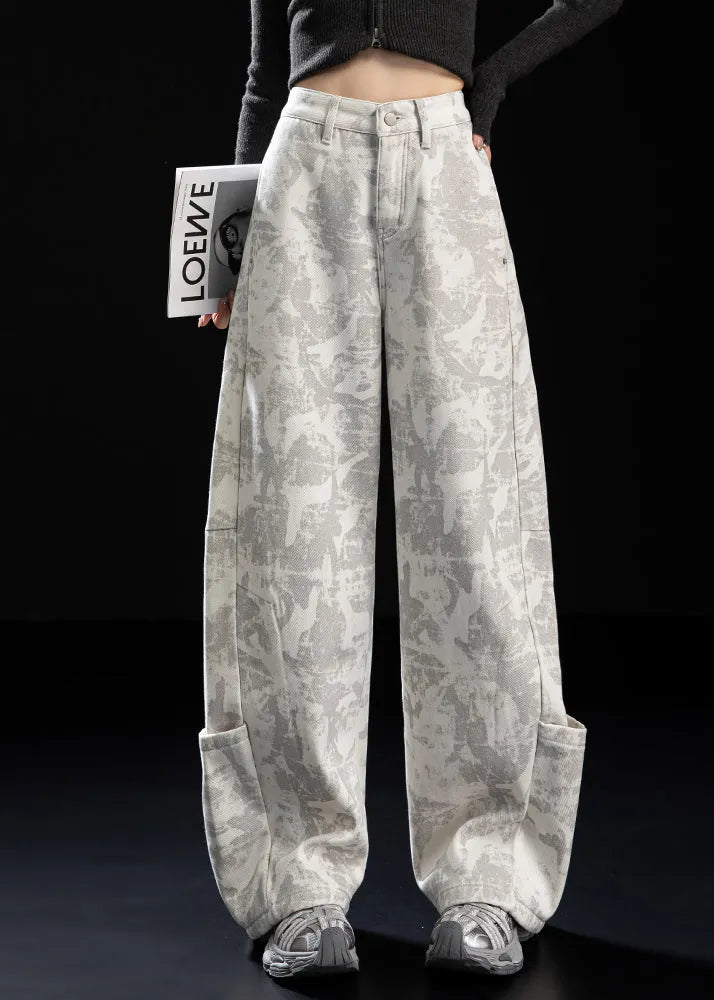 Italian White Tie Dye Patchwork Pockets Warm Fleece Pants Winter