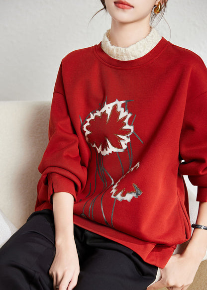 Red Turtleneck Patchwork Print Fake Two Pieces Fleece Sweatshirt Winter