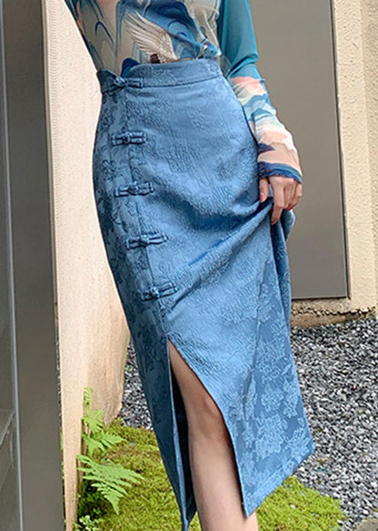 Jacquard Blue High Waist Button a Line Skirts Spring