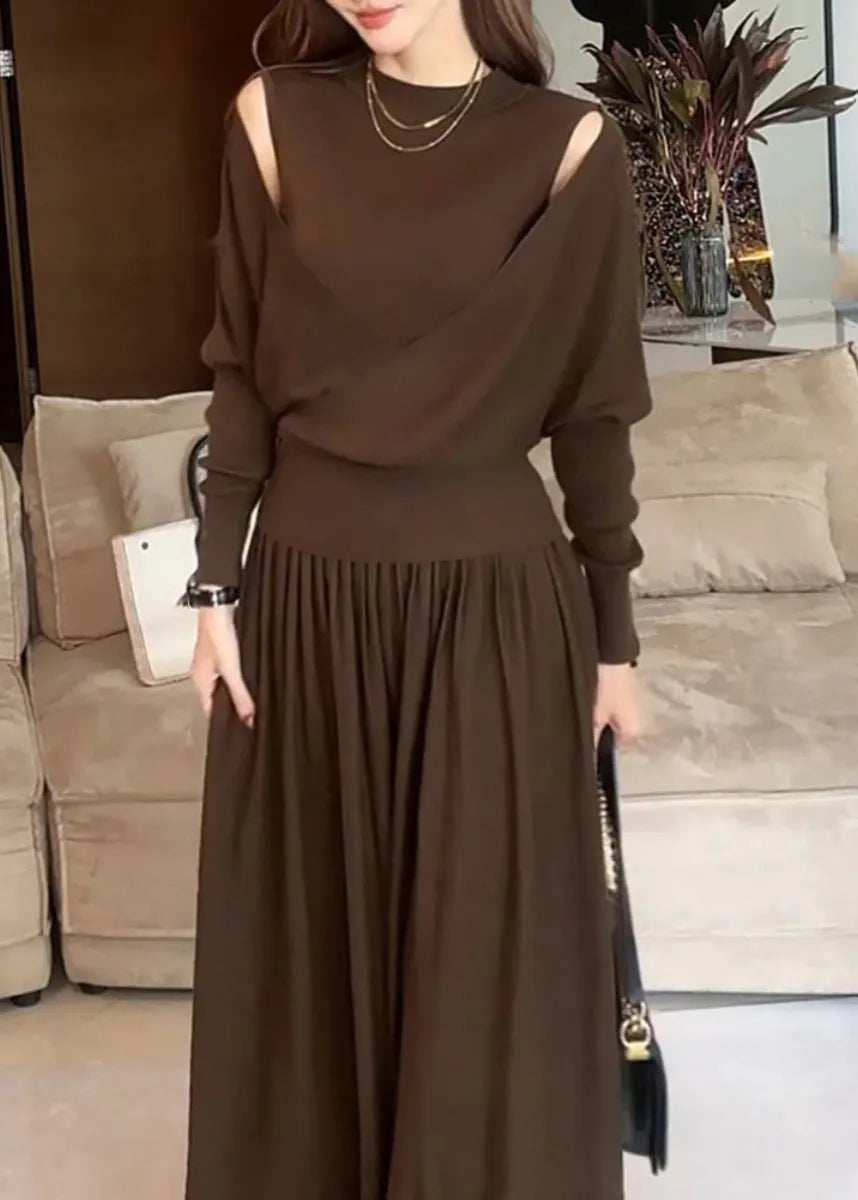 Stylish Brown Asymmetrical Cotton Knit Sweater and Maxi Skirts Two Pieces Set Winter