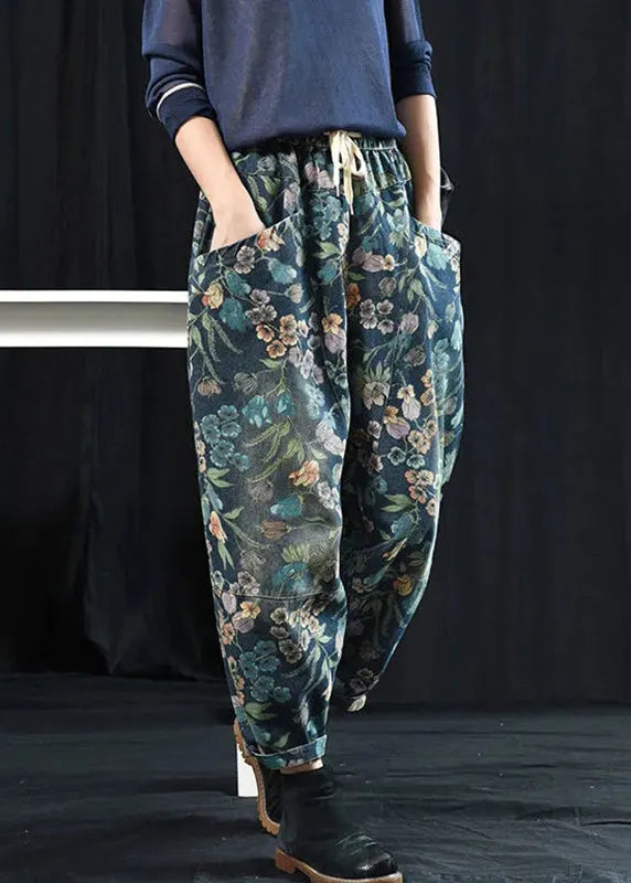 Print Pockets High Waist Denim Crop Pants Spring