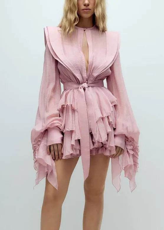 Pink Ruffled Cotton Mini Dress Lantern Sleeve