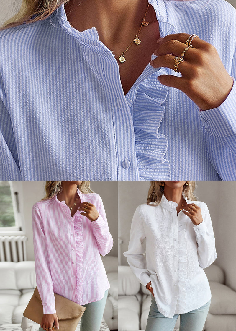 Blue Shirt Ruffled Patchwork Puff Sleeve Fall