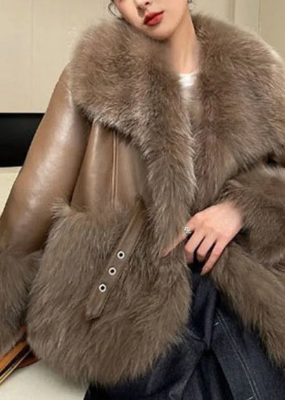 Boutique Khaki Peter Pan Collar Patchwork Fuzzy Fur Fluffy Coat Winter
