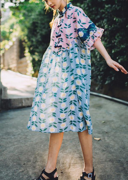 Pink Print Stand Collar Summer Dress