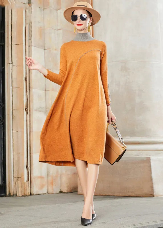Yellow Stand Collar Patchwork Woolen Dresses Fall