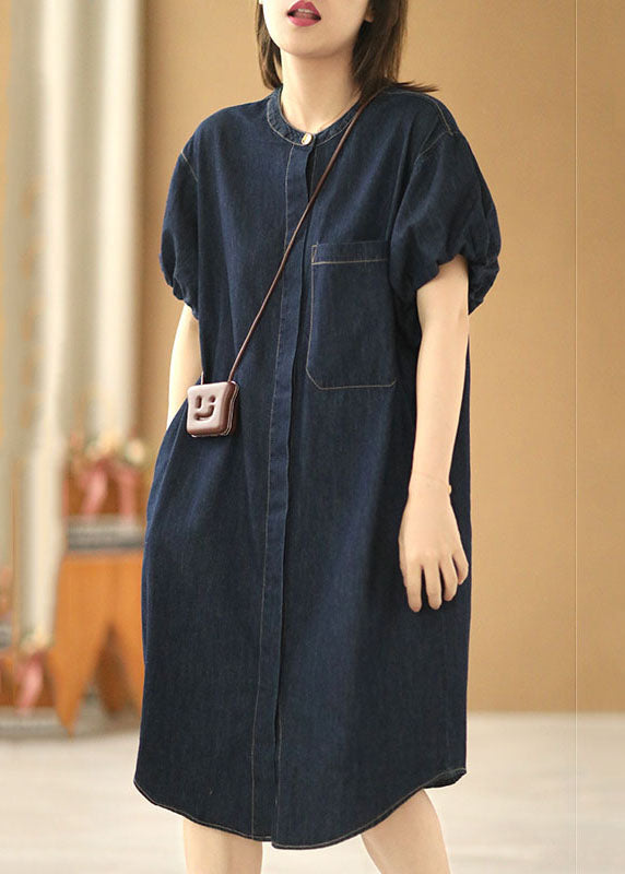 Denim Blue O-neck Pocket Color Cotton Holiday Dress Puff Sleeve