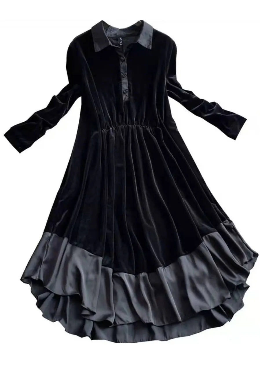 French Black Asymmetrical Patchwork Velour Holiday Dress Spring