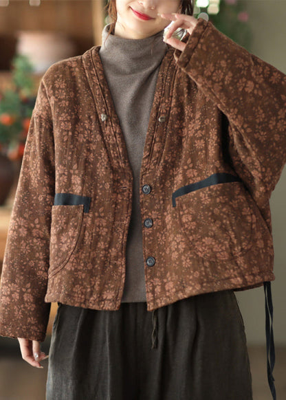 Khaki Button Pockets Patchwork Cotton Coat Fall