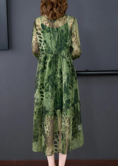 Green V Neck Ruffles Print Chiffon Long Dress Two Piece Set Long Sleeve
