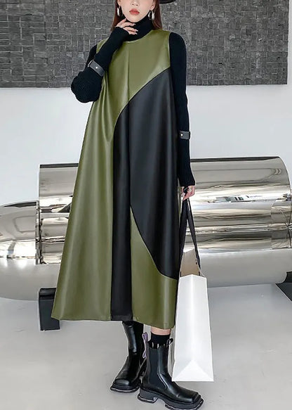 Style Army Green O-neck Patchwork Zippered Party Long Waistcoat Dress Spring