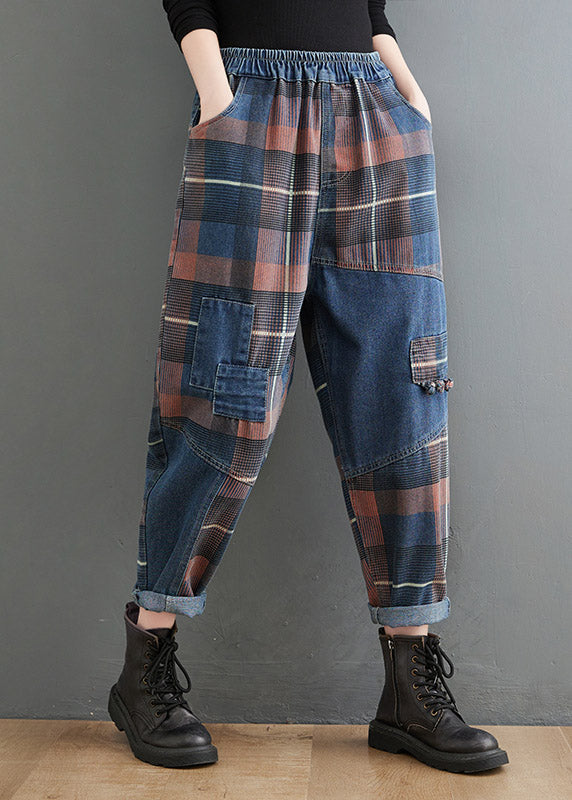 Style Blue Plaid Pockets Elastic Waist Patchwork Denim Pants Spring