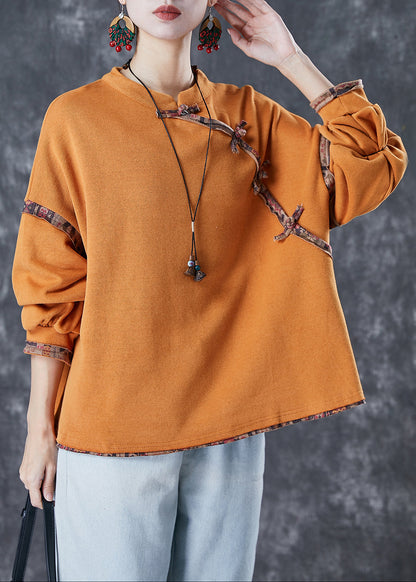 Orange Chinese Button Patchwork Cotton Shirt Tops Spring