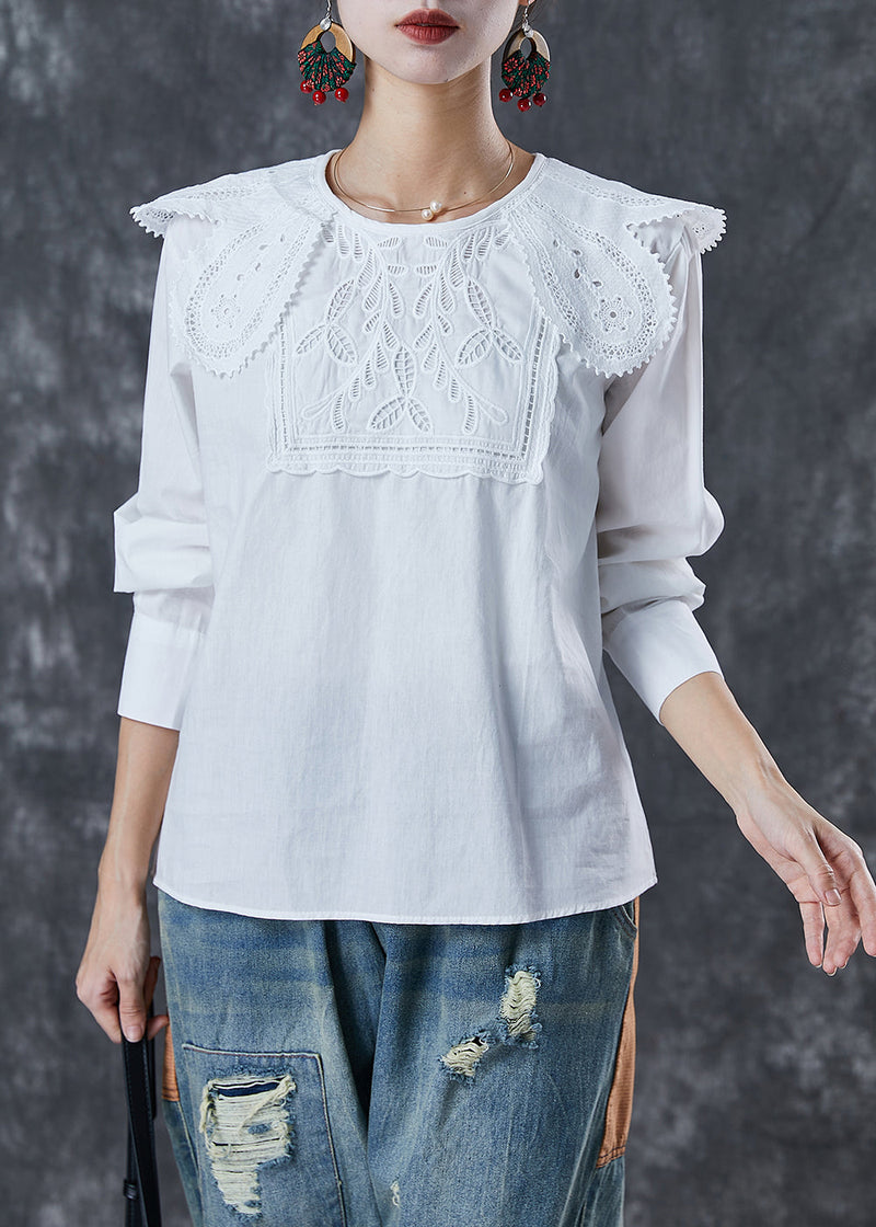 Art White O-neck Lace Patchwork Cotton Shirt Top Fall