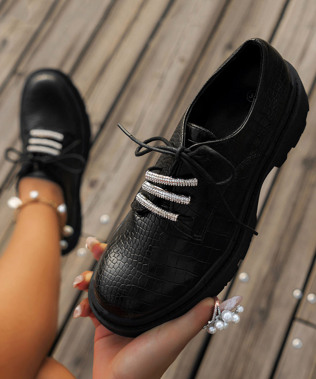 New Black Round Head Lace Up Faux Leather