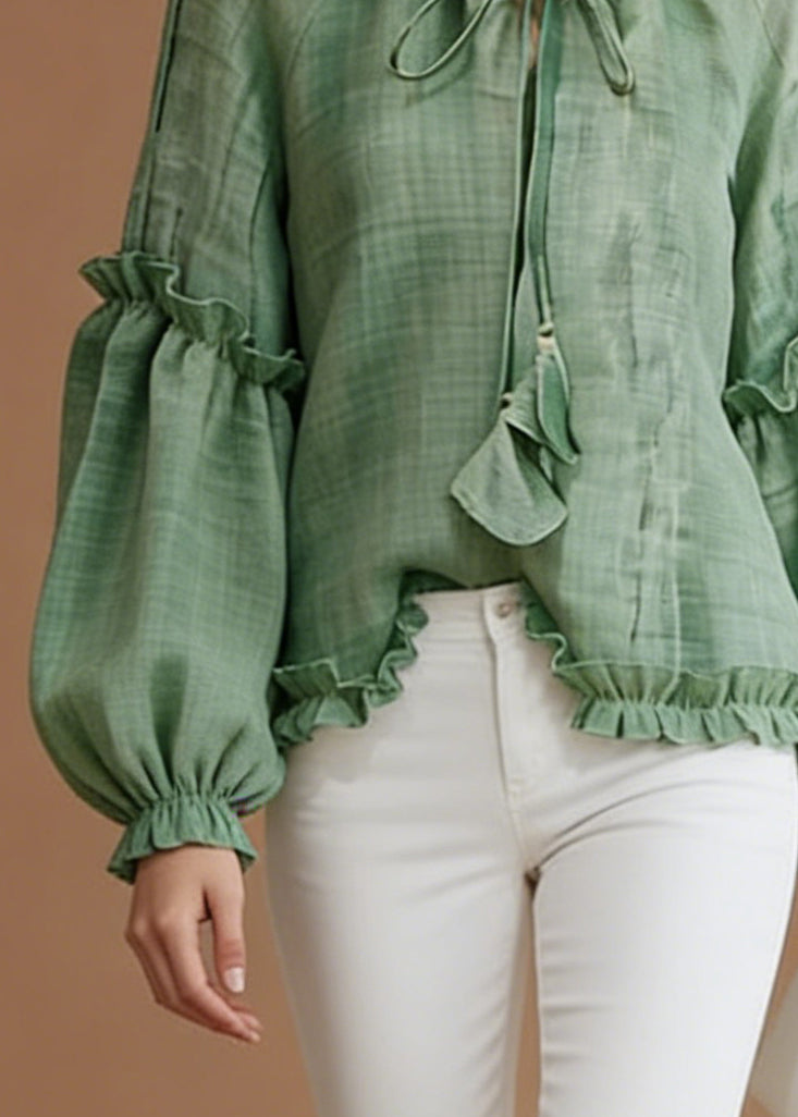 Green Lace Up Cotton Blouse Top Ruffled Spring