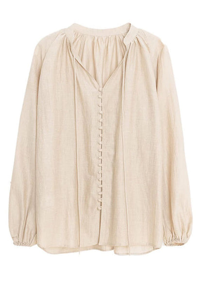 Loose Lace Up Button Patchwork Cotton Shirt Lantern Sleeve