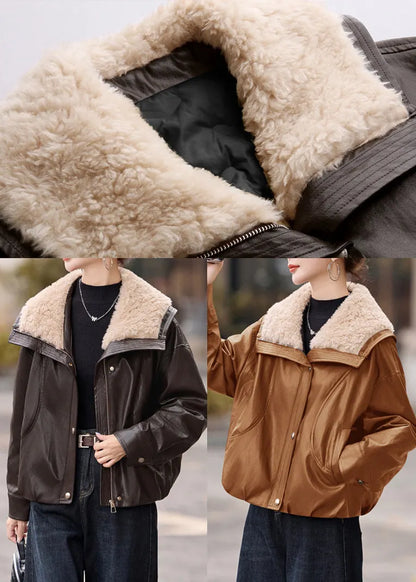 Stylish Khaki Fur Collar Thick Duck Down Faux Leather Coat Outwear Winter