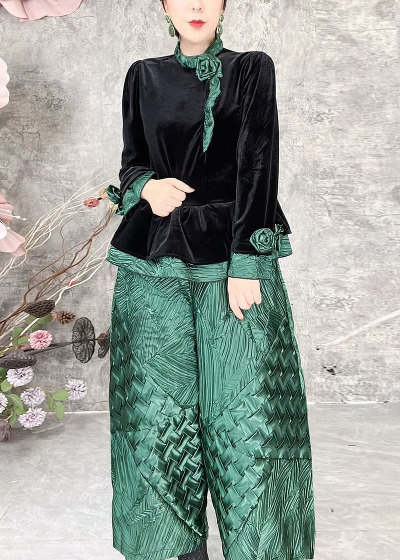 Green Patchwork Silk Velour Two Piece Set Spring